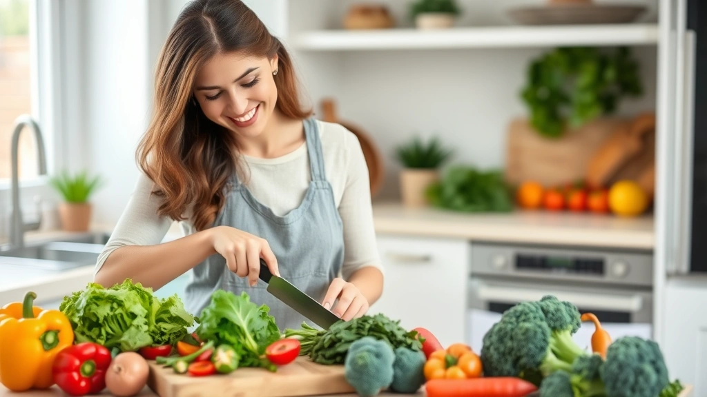 Woman preparing colorful vegetables in a bright kitchen, smiling while chopping fresh produce including bell peppers, leafy greens, and broccoli on a wooden cutting board