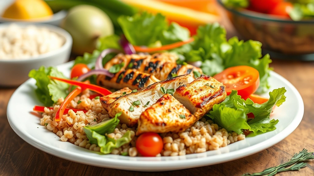 Vibrant colorful salad bowl with grilled chicken, fresh vegetables, and whole grains on white plate, meal prep scene with blurred healthy foods background