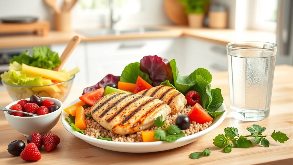 Healthy meal prep setup with colorful vegetables, grilled chicken breast, quinoa bowl, fresh berries, water glass, wooden table, bright kitchen natural light, nutritious food photography