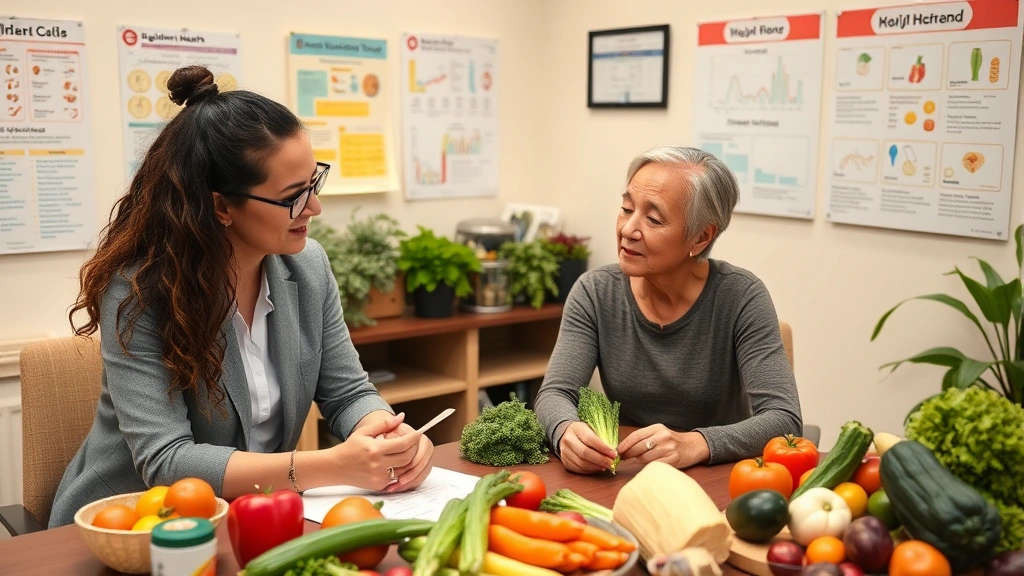Registered dietitian consulting with diverse client over meal plan, both looking at fresh vegetables and whole foods on table, warm professional office environment with health charts on walls