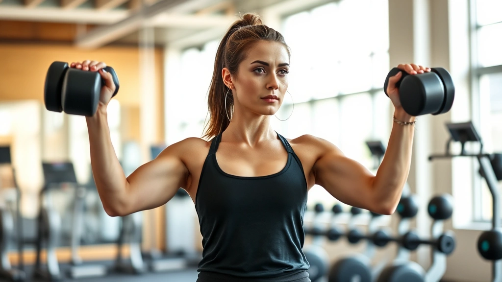 Woman in gym doing strength training with dumbbells, focused expression, modern fitness facility, proper form demonstration, empowering fitness atmosphere, natural daylight from windows