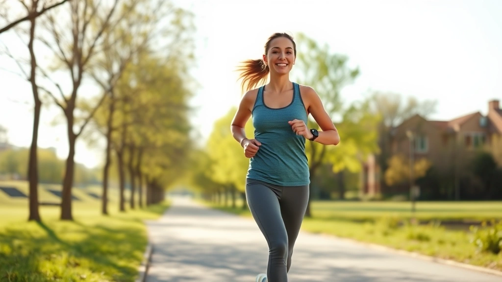 Woman exercising outdoors on sunny morning, jogging through park pathway with trees, wearing comfortable athletic clothes, appearing energized and happy, natural landscape background