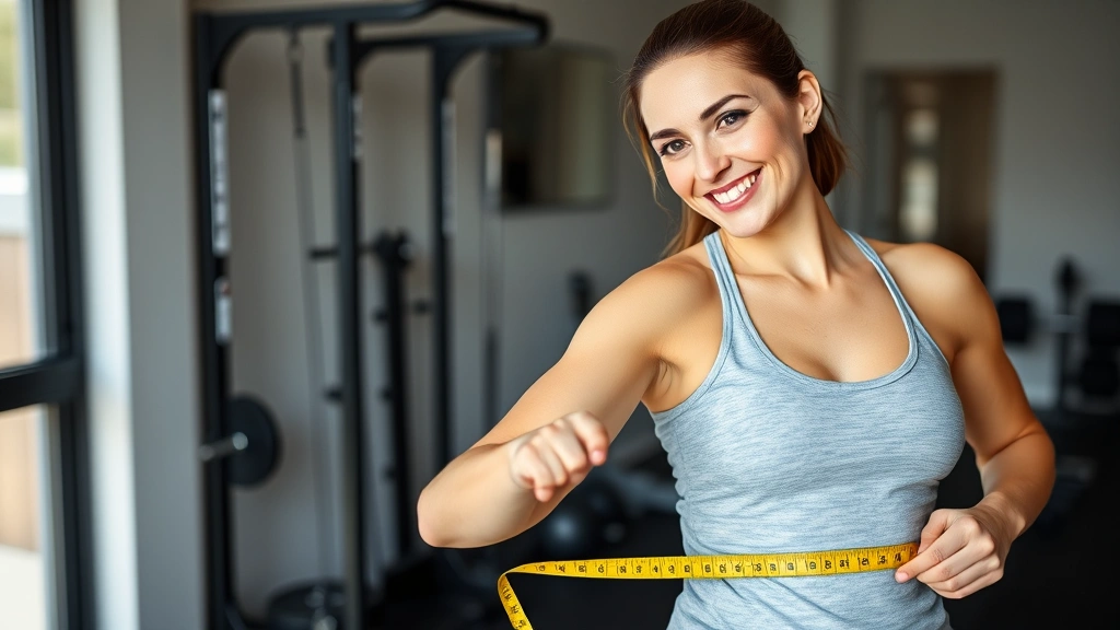 Woman measuring body progress with a measuring tape around her arm, smiling confidently, home gym setting with weights visible, tracking fitness achievements
