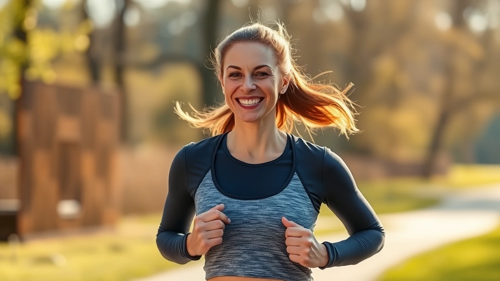 Woman in fitness attire smiling outdoors during morning jog, natural sunlight, healthy glow, active lifestyle photography