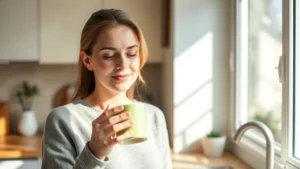 Woman drinking green tea in morning sunlight, warm and peaceful home kitchen setting, holding ceramic mug, natural lighting through window, calm expression, wellness aesthetic