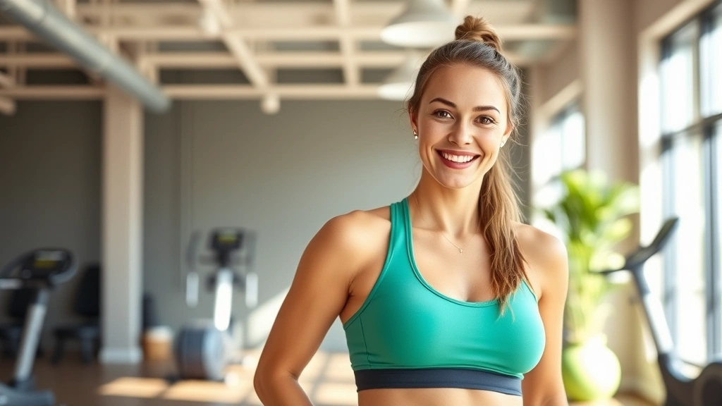 Woman in fitness attire smiling confidently at camera, standing in bright, modern gym with equipment visible in soft focus background, natural morning lighting, healthy wellness atmosphere