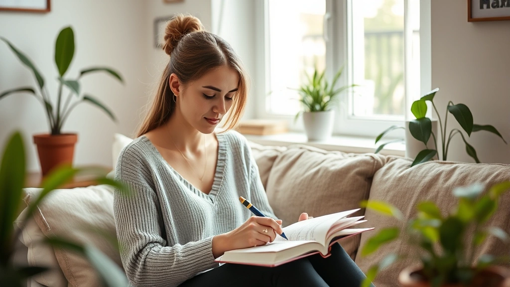Woman journaling in comfortable home space, soft natural light, cozy setting with plants, pen in hand, mindful moment, peaceful expression, self-care and reflection