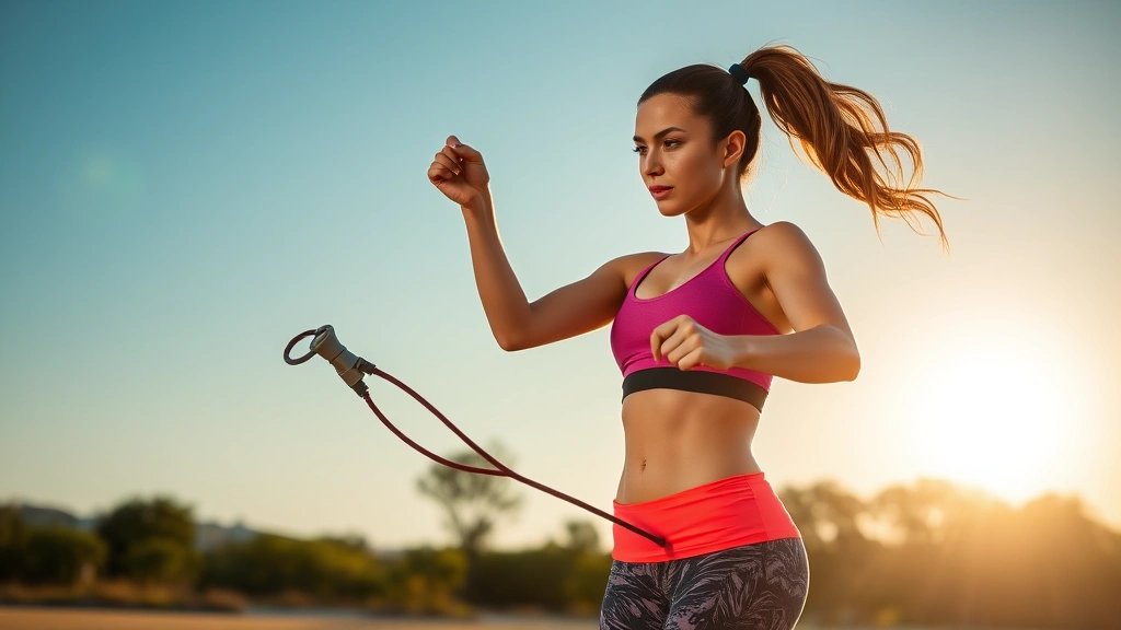 Athletic woman in fitness attire performing jump rope outdoors on sunny day, focused expression, rope in motion, professional athletic setting with natural background