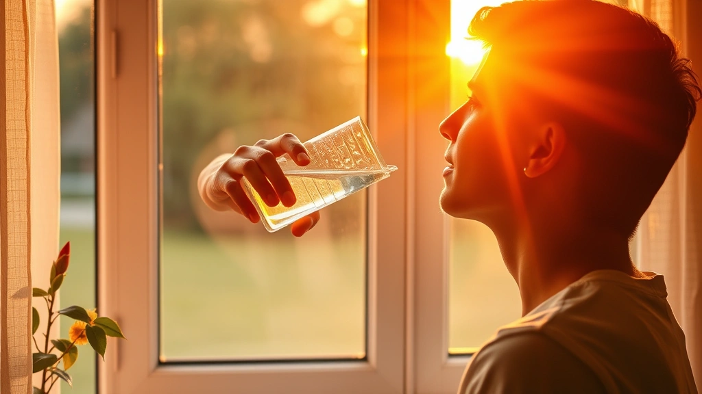 Person drinking water at sunrise by a window with golden morning light streaming through, peaceful and healthy morning routine setting