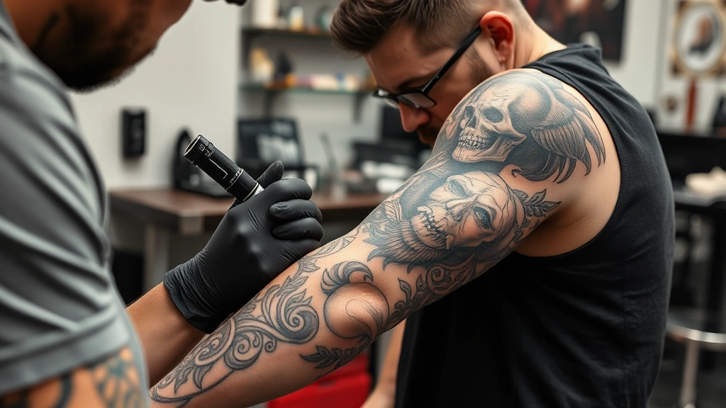Professional tattoo artist working on a detailed black and gray sleeve design on a client's arm, showing intricate shading and depth work in a clean tattoo studio
