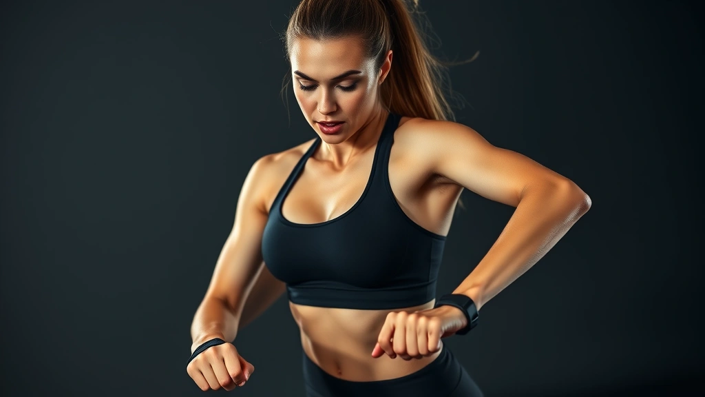 Professional female performer in athletic wear doing intense cardio training, sweat visible, focused expression, studio lighting, dynamic movement captured