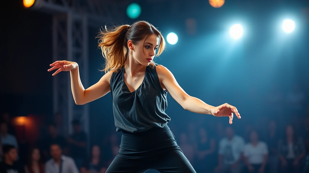 Professional female performer on stage mid-choreography, wearing concert attire, executing dynamic dance movement under professional stage lighting, sweat visible, focused expression, audience blurred in background, high-energy moment captured