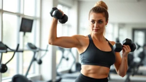 Woman performing dynamic resistance training with dumbbells in bright, modern gym setting, showcasing strength and determination