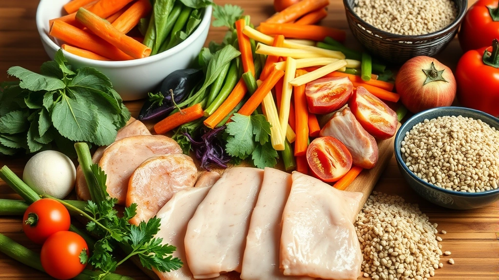 Colorful healthy meal preparation scene with lean proteins, fresh vegetables, and whole grains arranged on wooden surfaces, natural lighting