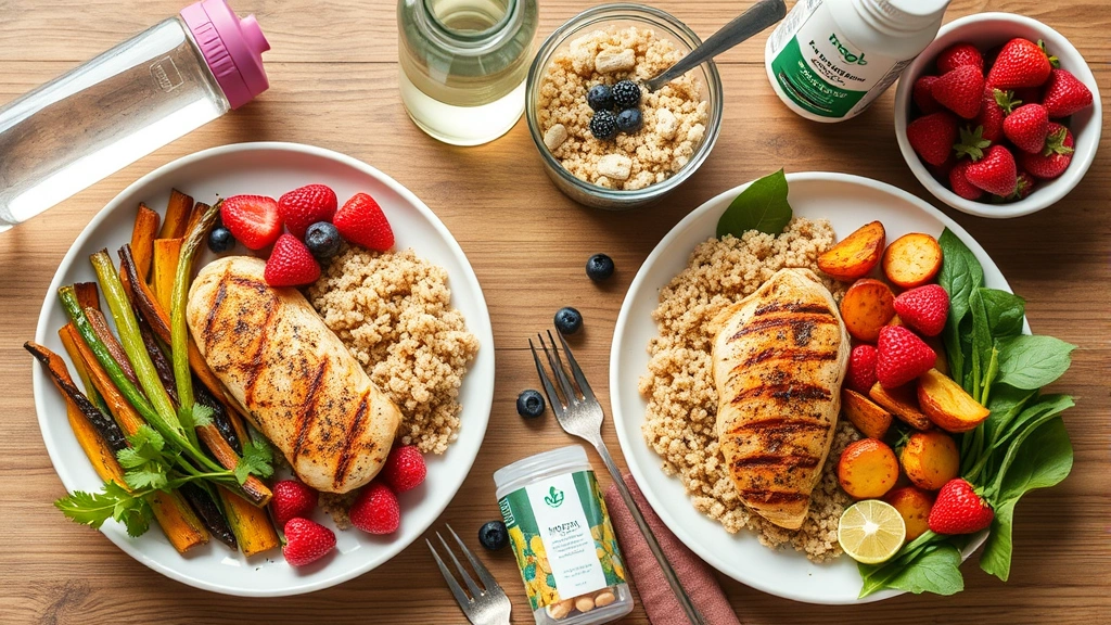 Healthy meal prep spread showing grilled chicken breast, quinoa, roasted vegetables, fresh berries, water bottle, and supplements on wooden table, natural daylight, wellness-focused composition, no text visible