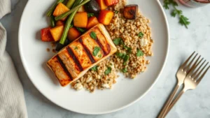 Overhead view of a balanced plate with grilled salmon, roasted vegetables, quinoa, and fresh herbs on white ceramic plate, natural kitchen lighting, warm tones