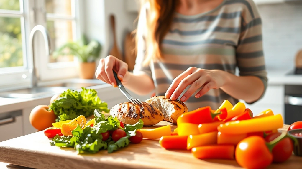 Woman in bright kitchen preparing grilled chicken breast with fresh colorful vegetables on wooden cutting board, natural sunlight streaming through window, healthy whole foods displayed