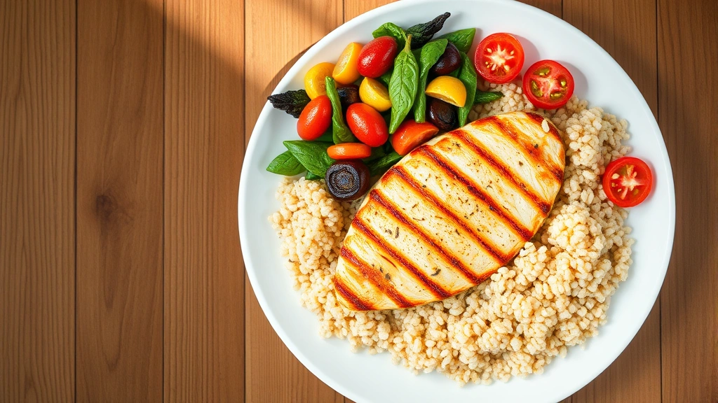 Overhead shot of colorful vegetables, grilled chicken breast, and quinoa on a white plate, natural morning sunlight, wooden table background, healthy meal composition