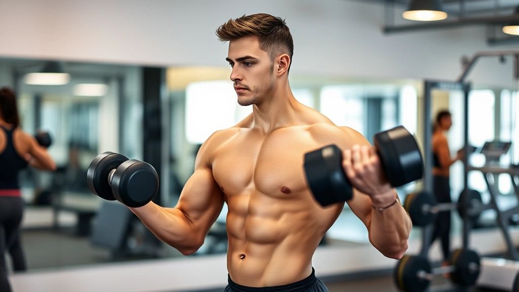 Fit person performing dumbbell exercises in modern gym, strong posture with proper form, dumbbells in motion, focused expression, professional training environment with mirrors