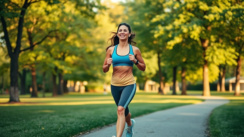 Woman in athletic wear jogging outdoors through a park with green trees, confident posture, morning or golden hour lighting, fresh and energetic