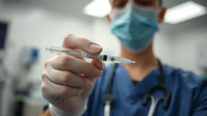 A person holding a weekly injection pen in a clinical healthcare setting, professional medical environment with soft lighting, showing proper medication administration technique with focus on wellness and medical care