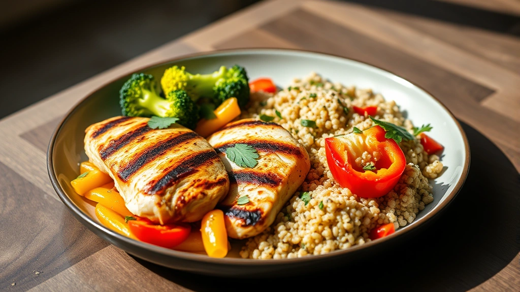 A balanced meal plate featuring grilled chicken breast, colorful vegetables including broccoli and bell peppers, quinoa, and fresh herbs, displayed on a modern plate in natural daylight, representing nutritious eating