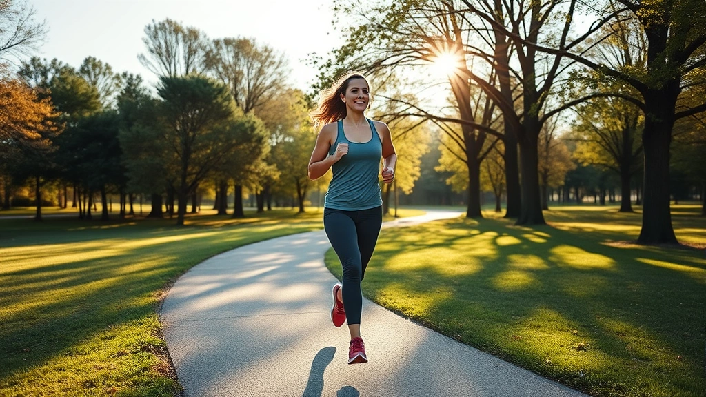 A woman jogging outdoors on a sunny morning through a park with trees, wearing comfortable athletic wear, showing healthy lifestyle and cardiovascular exercise in a natural setting