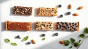 Flat lay of five different protein bars arranged artfully on a white marble surface with fresh almonds, blueberries, and green leaves scattered around, natural sunlight creating soft shadows, clean minimalist composition