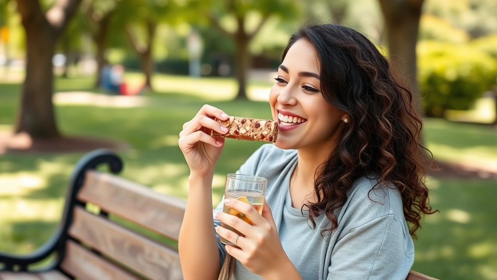 Woman enjoying a protein bar outdoors during afternoon break, sitting on a park bench with healthy foods like fruit and water visible, genuine smile, natural daylight, wellness-focused atmosphere