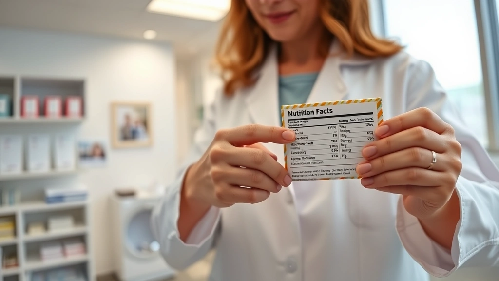 Nutritionist in white coat pointing to a detailed nutrition label on a protein bar in a bright, modern clinic setting, educational moment, professional environment, healthcare focus