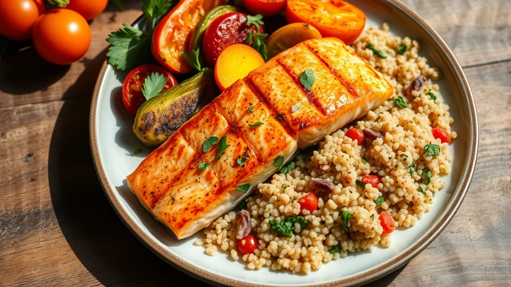 Colorful plate with grilled salmon, roasted vegetables, quinoa, and fresh herbs, natural lighting, nutritious whole food meal photography