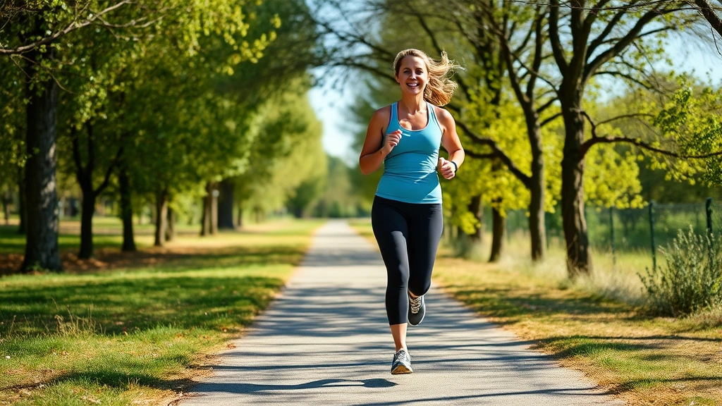 Woman jogging outdoors on a sunny path with trees, wearing athletic wear, appearing energetic and healthy, natural outdoor environment