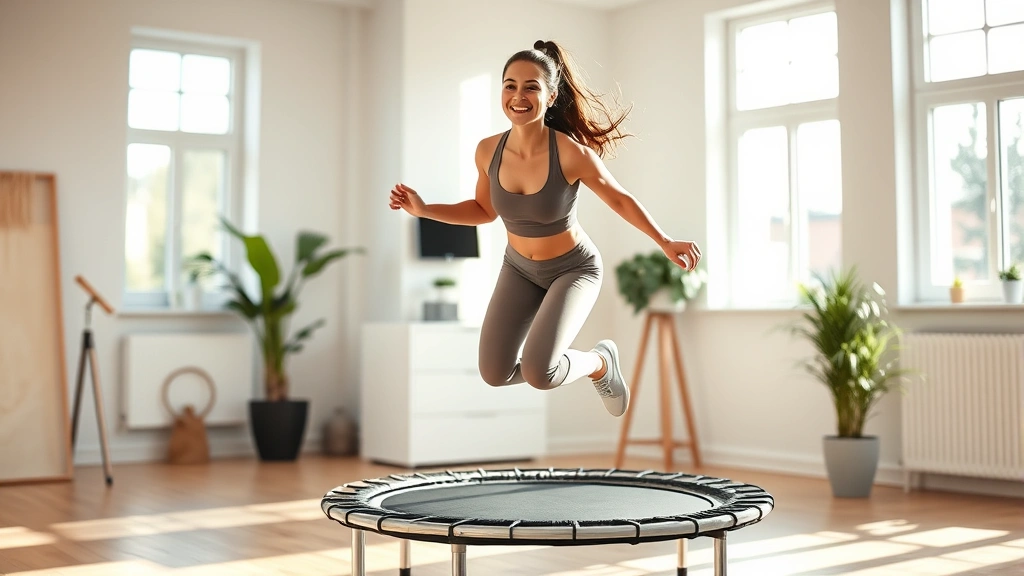 Woman smiling while bouncing on a mini trampoline in a bright home gym, wearing athletic clothing, natural morning light streaming through windows, energetic and healthy appearance