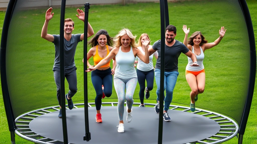 Group of diverse people of different ages and body types enjoying outdoor trampoline exercise in backyard, smiling, demonstrating accessibility and fun factor of rebounding fitness, natural daylight, green grass background