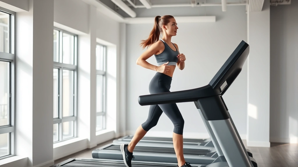 Woman running on modern treadmill in bright gym, focused expression, wearing athletic gear, natural lighting from windows, showing proper running form and posture