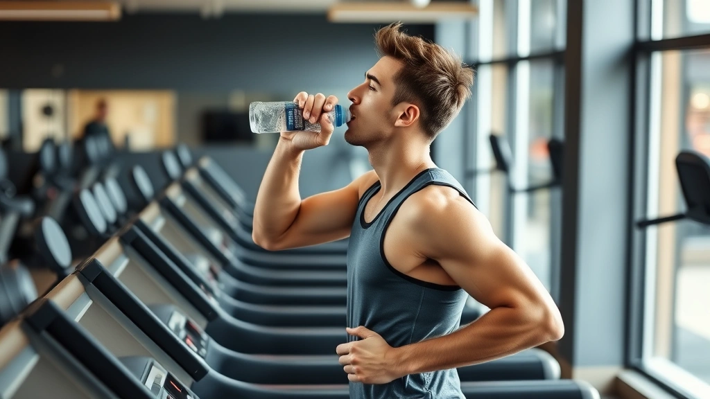 Runner hydrating after treadmill session in gym environment, holding water bottle, healthy athletic appearance, post-workout scene showing recovery importance
