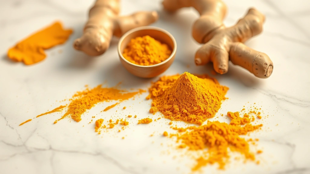 Golden turmeric root and powder on a white marble surface with fresh ginger, vibrant warm lighting, wellness aesthetic, shallow depth of field, photorealistic
