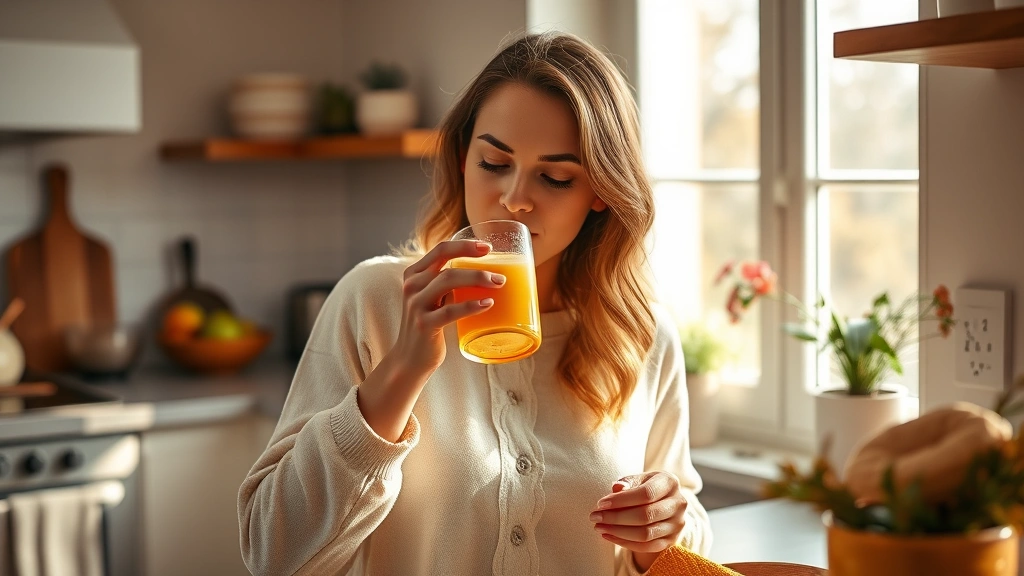 Woman drinking golden turmeric milk latte in a cozy kitchen, natural morning light streaming through window, healthy lifestyle, warm tones, photorealistic, no text visible