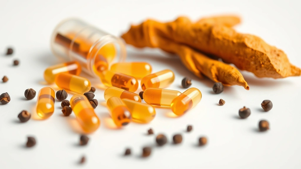 Close-up of curcumin supplement capsules with fresh turmeric root and black peppercorns scattered on clean white surface, clinical wellness photography, bright lighting, photorealistic