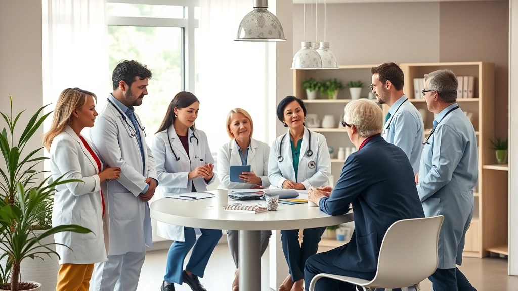 Professional healthcare team consisting of diverse doctors, dietitians, and therapists collaborating around a patient consultation table in modern medical office, natural lighting, warm supportive atmosphere