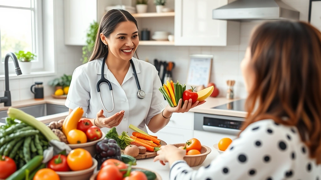 Registered dietitian showing colorful fresh vegetables and whole foods to patient during nutrition counseling session, bright kitchen setting, friendly professional engagement, healthy food variety displayed