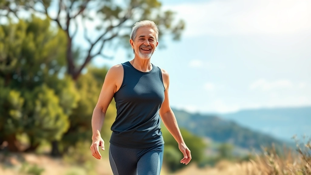 Happy patient walking outdoors on sunny day showing confidence and vitality, wearing comfortable athletic wear, natural landscape background, genuine smile, wellness and transformation evident