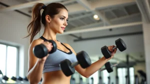 Woman in fitness attire performing strength training with dumbbells in bright, modern gym setting with natural light streaming through windows, showing determination and focus