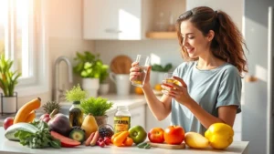 Woman in bright kitchen taking colorful vitamin supplements with glass of water, fresh vegetables and fruits on counter, natural morning sunlight streaming through window