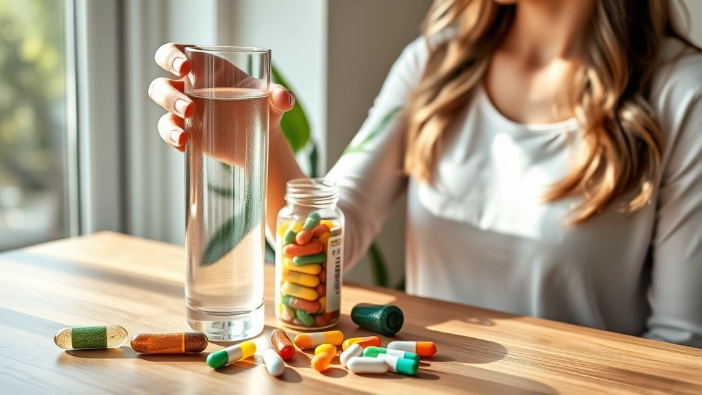 A woman holding a glass of water with multiple colorful vitamin supplements and mineral tablets arranged on a wooden table beside her, natural sunlight streaming through a window, healthy wellness environment