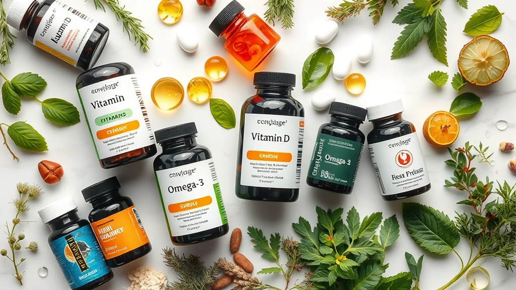 Overhead flat lay of organized supplement bottles with vitamin D, omega-3, and mineral supplements arranged neatly with fresh herbs and water droplets on white marble surface