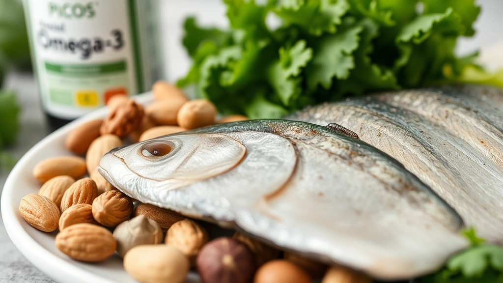 Close-up of fresh green leafy vegetables, nuts, and fish rich in omega-3s arranged on a white plate with a blurred supplement bottle in the background, representing nutrient-dense PCOS-friendly foods