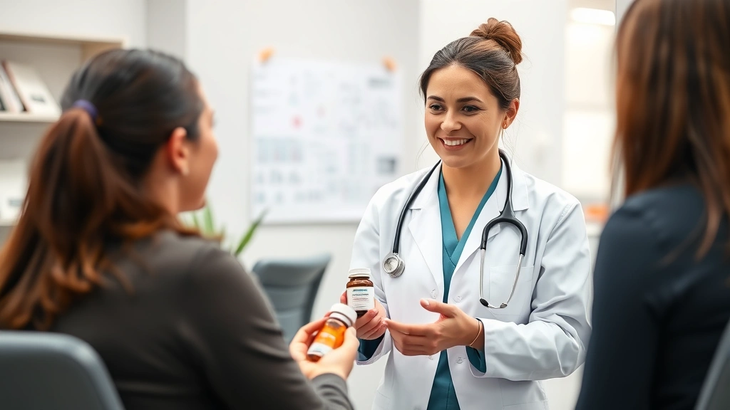 Female healthcare provider in white coat smiling while discussing vitamin supplement bottle with patient in modern clinic office with health charts visible in background