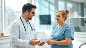 Professional bariatric surgeon in surgical attire consulting with a confident patient in a modern medical office, both smiling, bright natural lighting, clinical but warm atmosphere