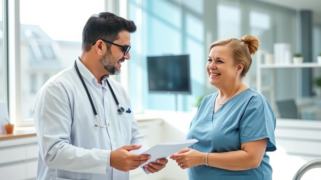 Professional bariatric surgeon in surgical attire consulting with a confident patient in a modern medical office, both smiling, bright natural lighting, clinical but warm atmosphere